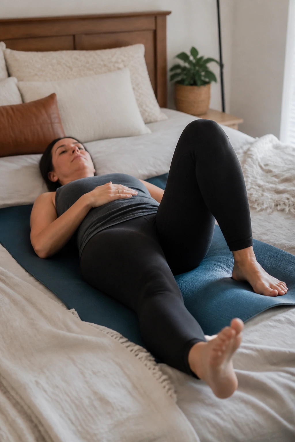 New mother practicing heel slides on bed for postpartum core reconnection