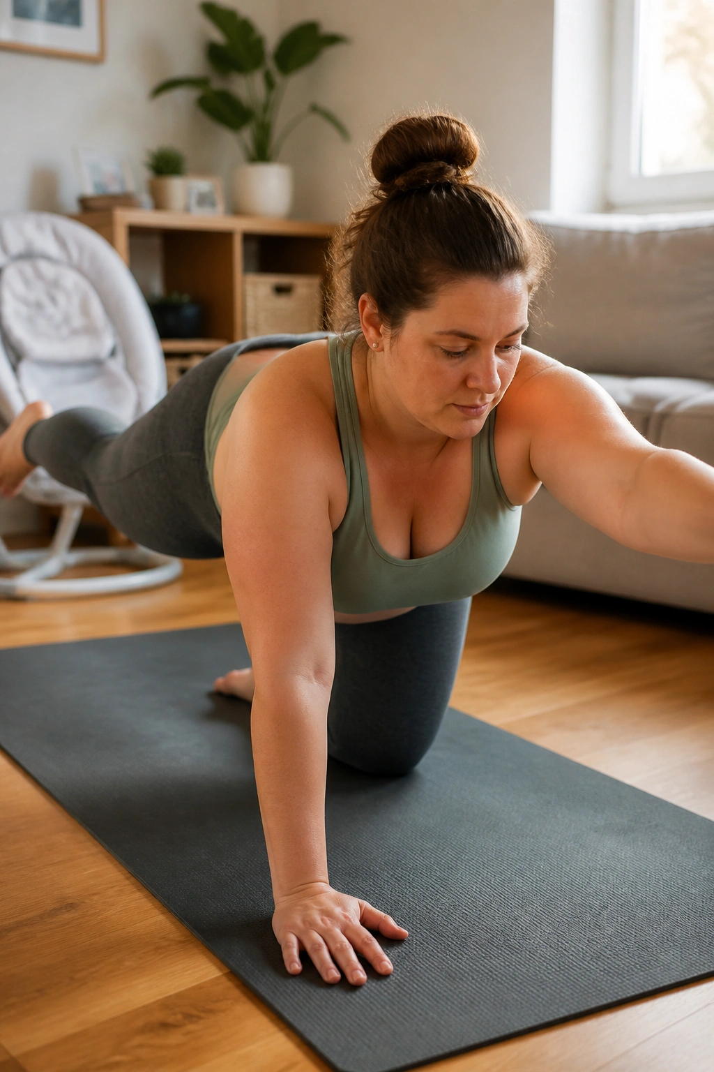 Postpartum woman demonstrates anti-movement core exercise on a mat in a cozy living room.