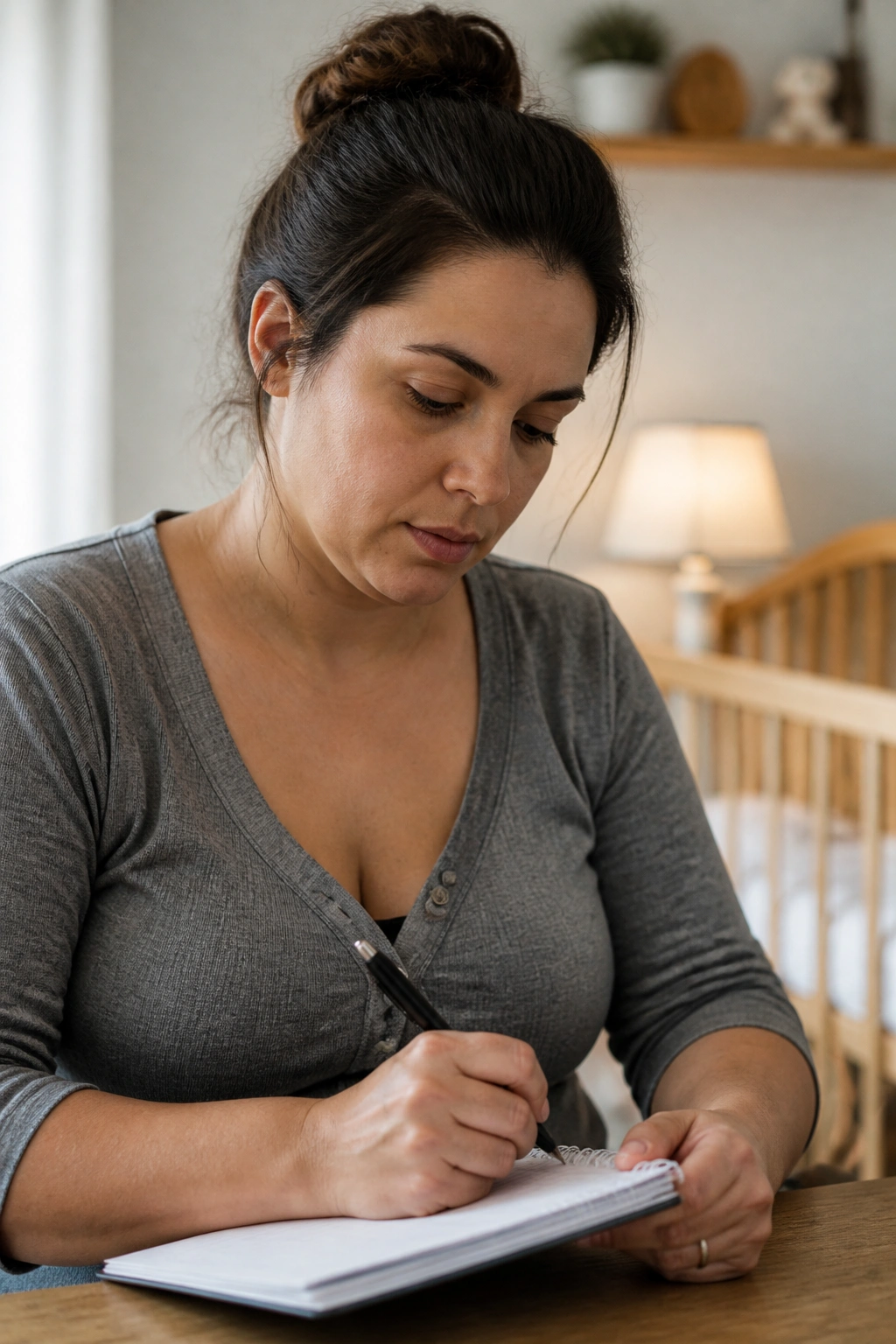 Postpartum person planning emergency symptoms at home, thoughtful portrait.