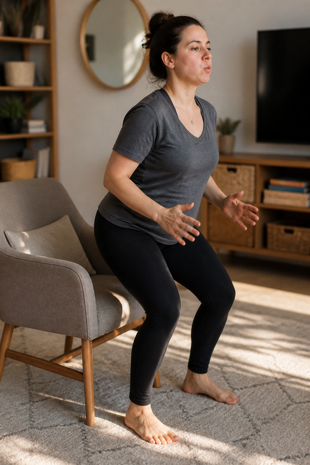 Postpartum sit-to-stand exercise showing controlled exhale with chair in a cozy living room