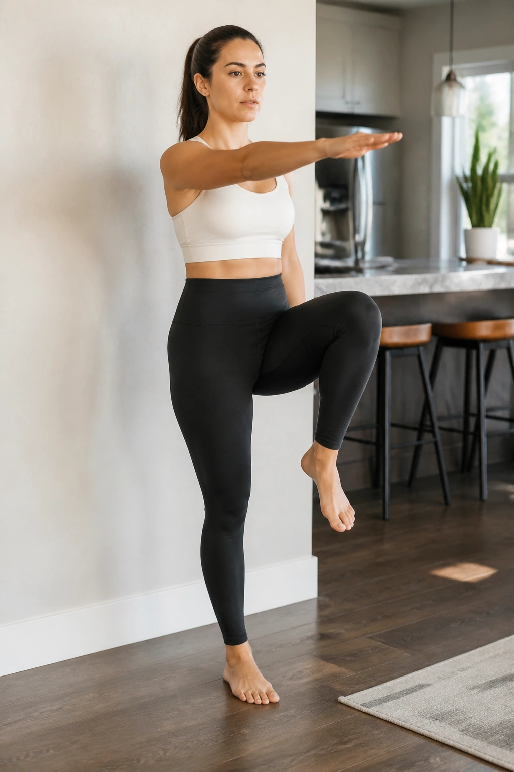 Postpartum standing marches with arm reach for core stability near a wall