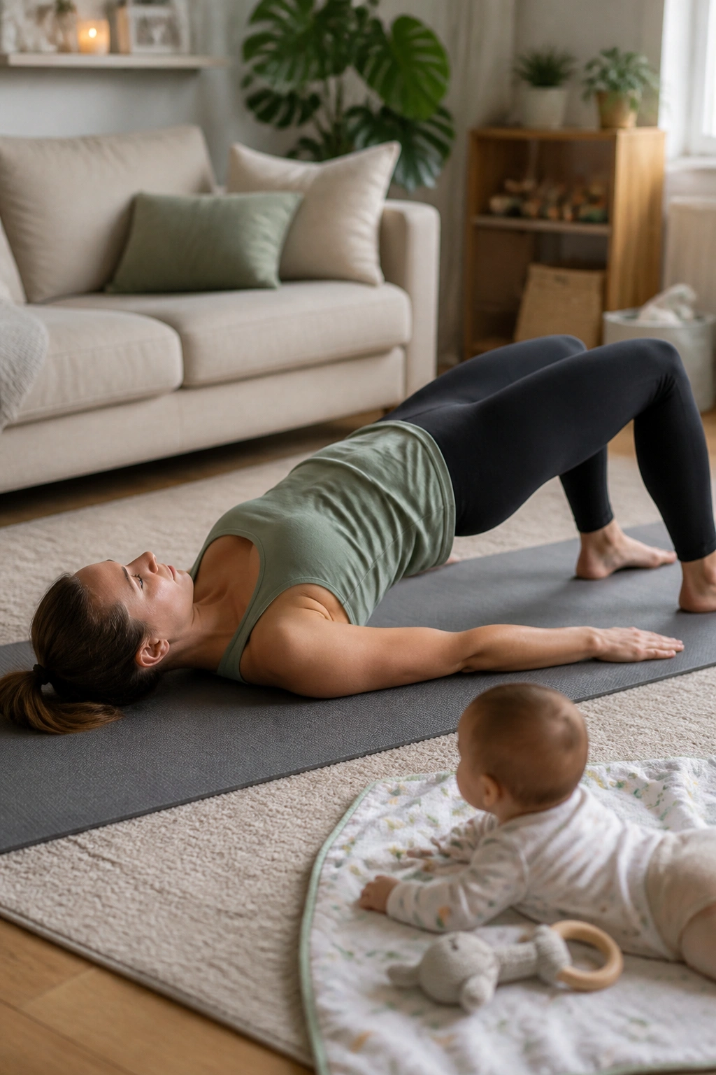 Mom performing glute bridge with baby nearby on a blanket at home.