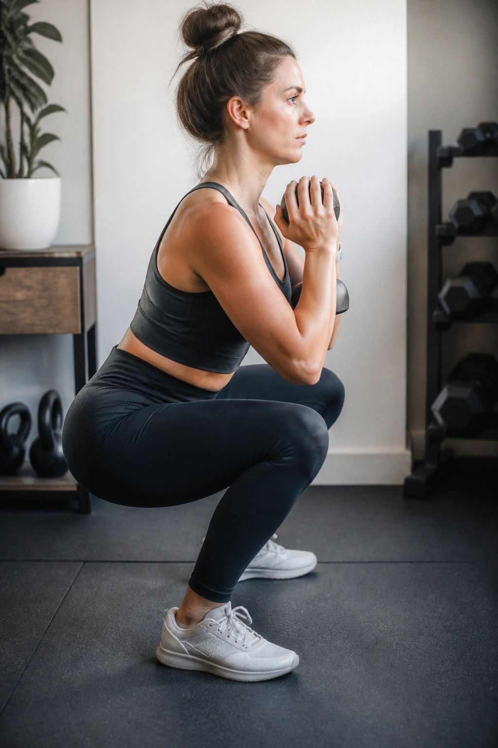 Postpartum goblet squat with light dumbbell