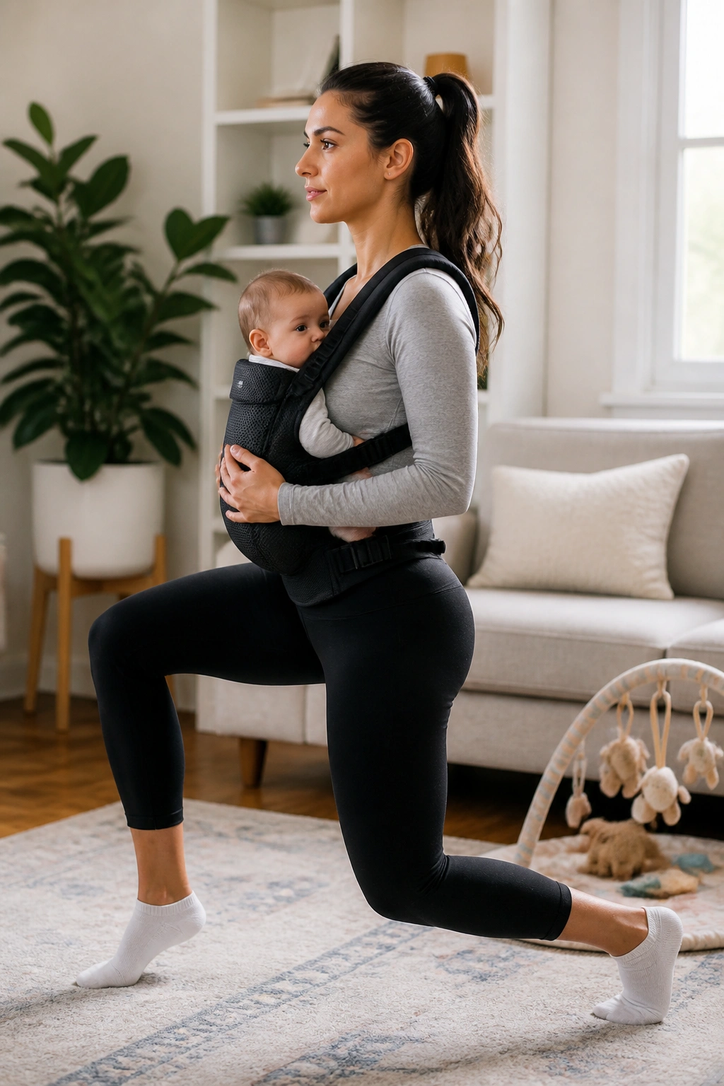 Postpartum athlete holding a half-kneeling tall position with baby nearby.