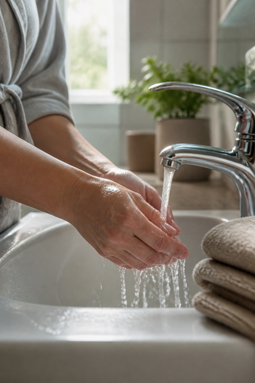 Postpartum hygiene: washing hands in bathroom as routine