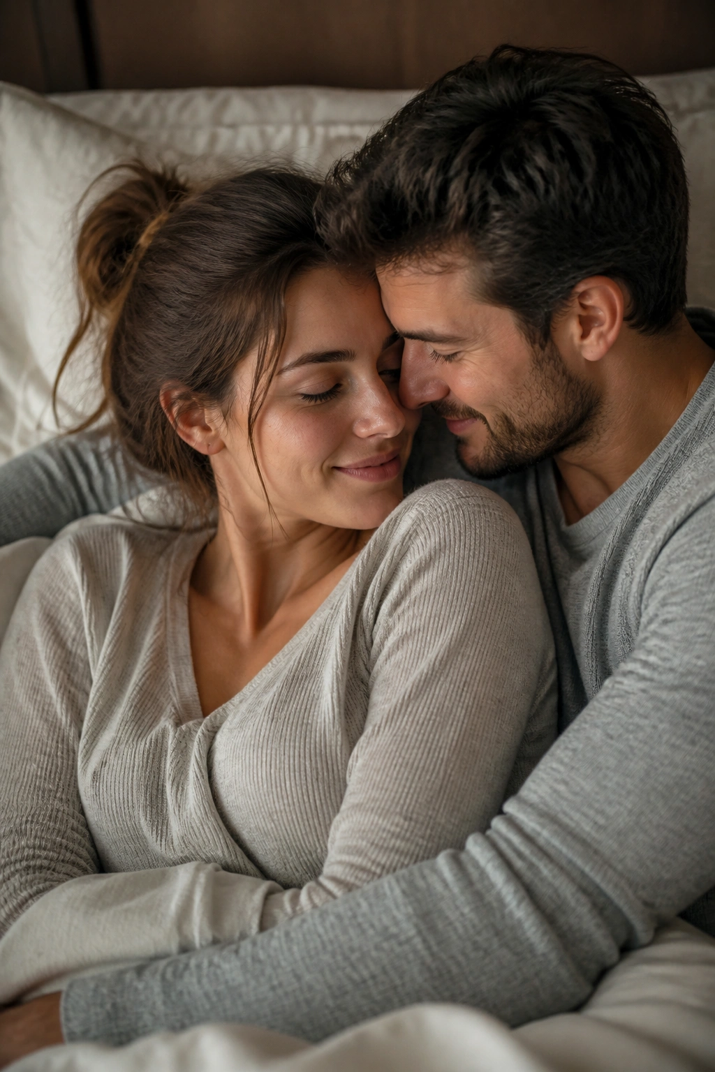 Postpartum couple cuddling in softly lit bedroom