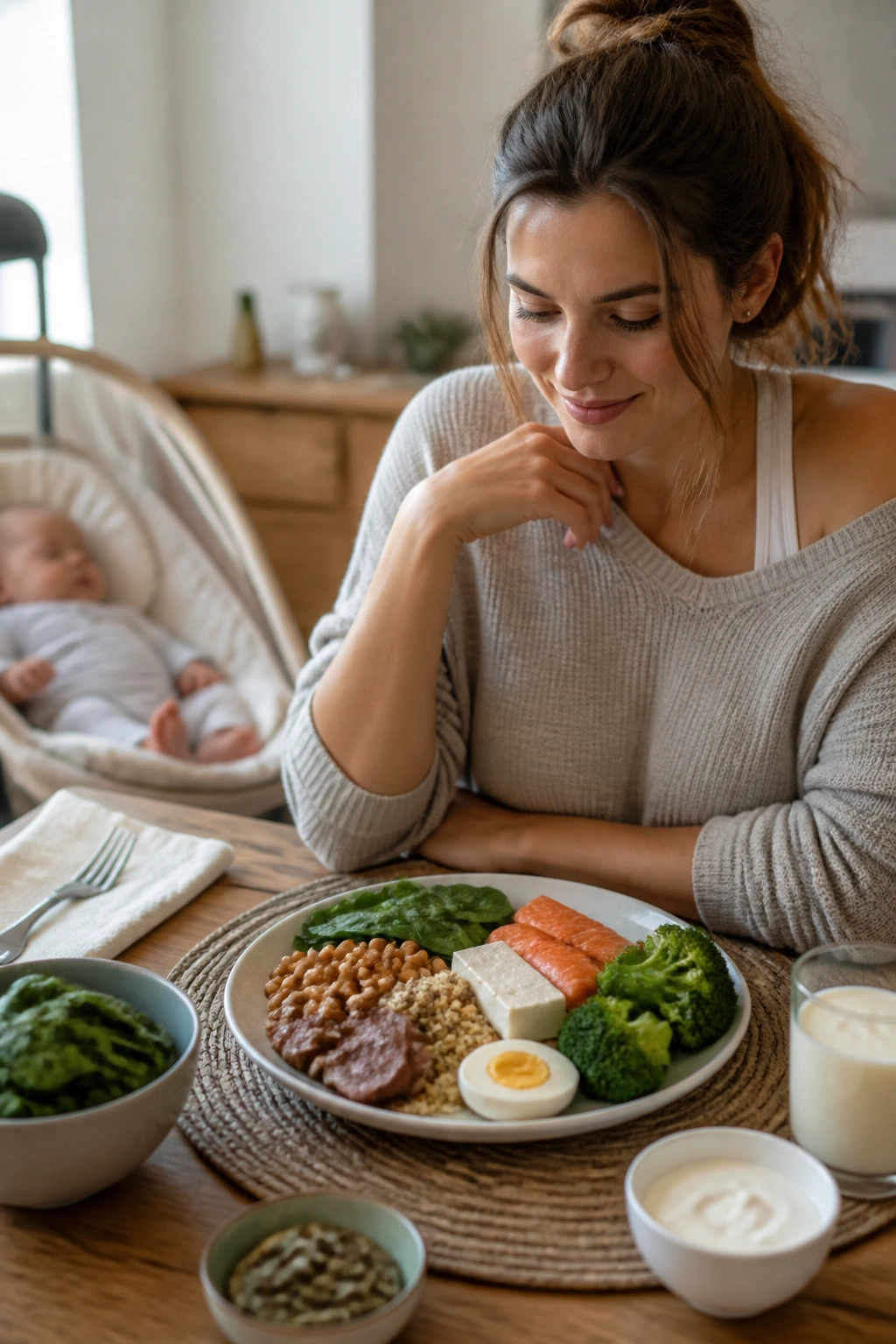 Postpartum person at dining table with balanced iron, protein, and calcium foods