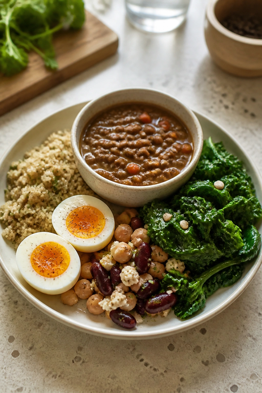 Plate of balanced postpartum meal with protein, iron, and fiber