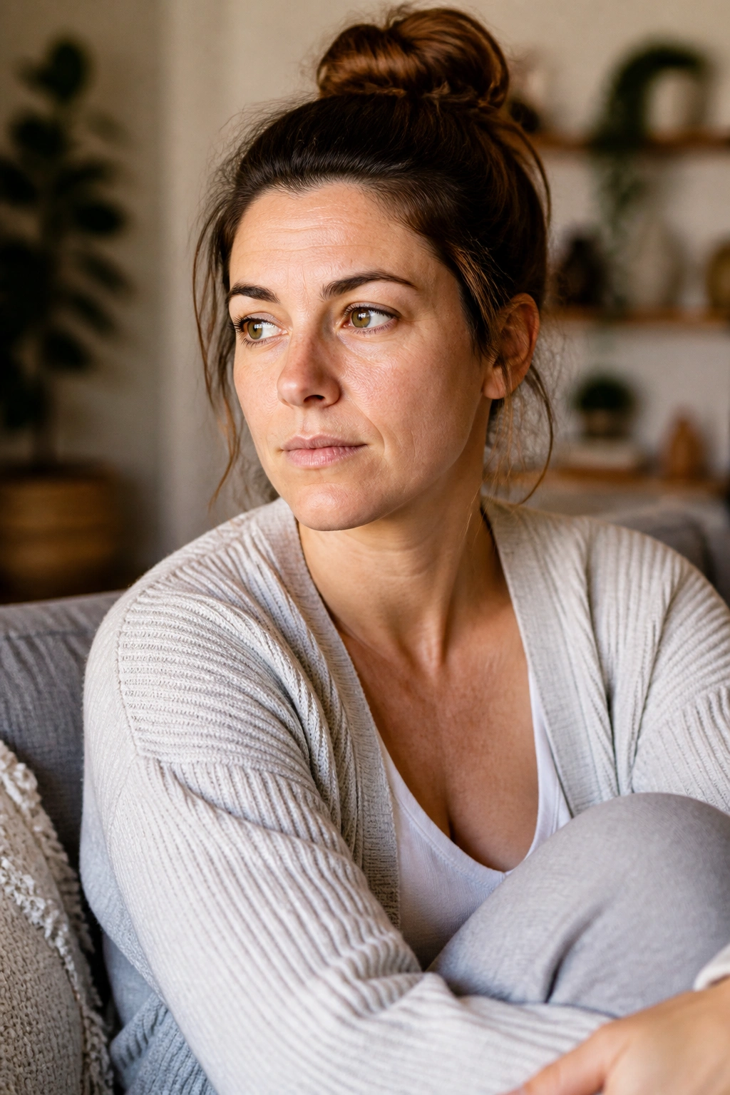 Postpartum woman with a thoughtful expression in a living room
