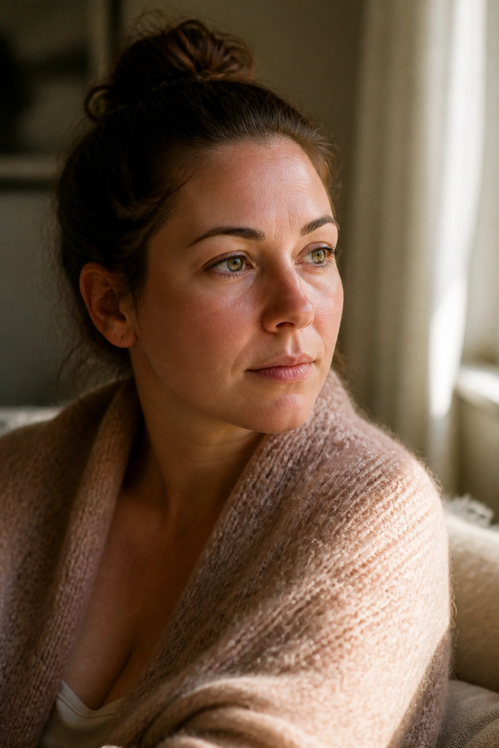 Postpartum woman with calm, reflective mood in softly lit room