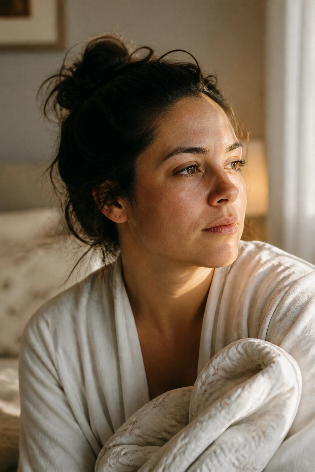 Close-up postpartum mood portrait in warm window light