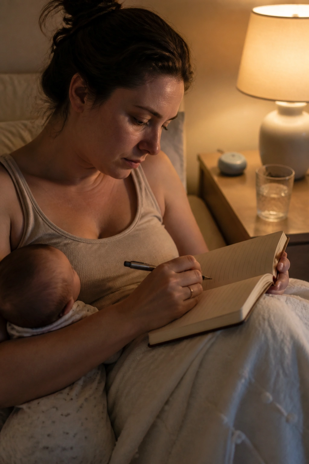 Postpartum person writing notes beside bed at night