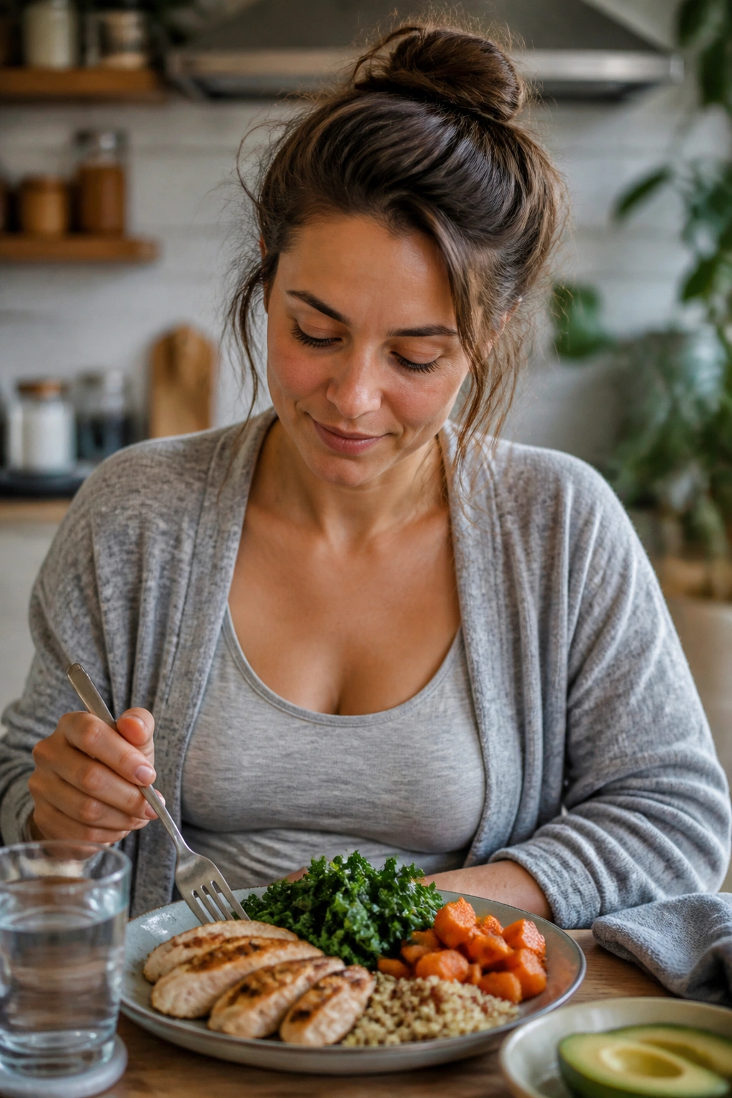 Postpartum woman at table with nourishing meal supporting healing