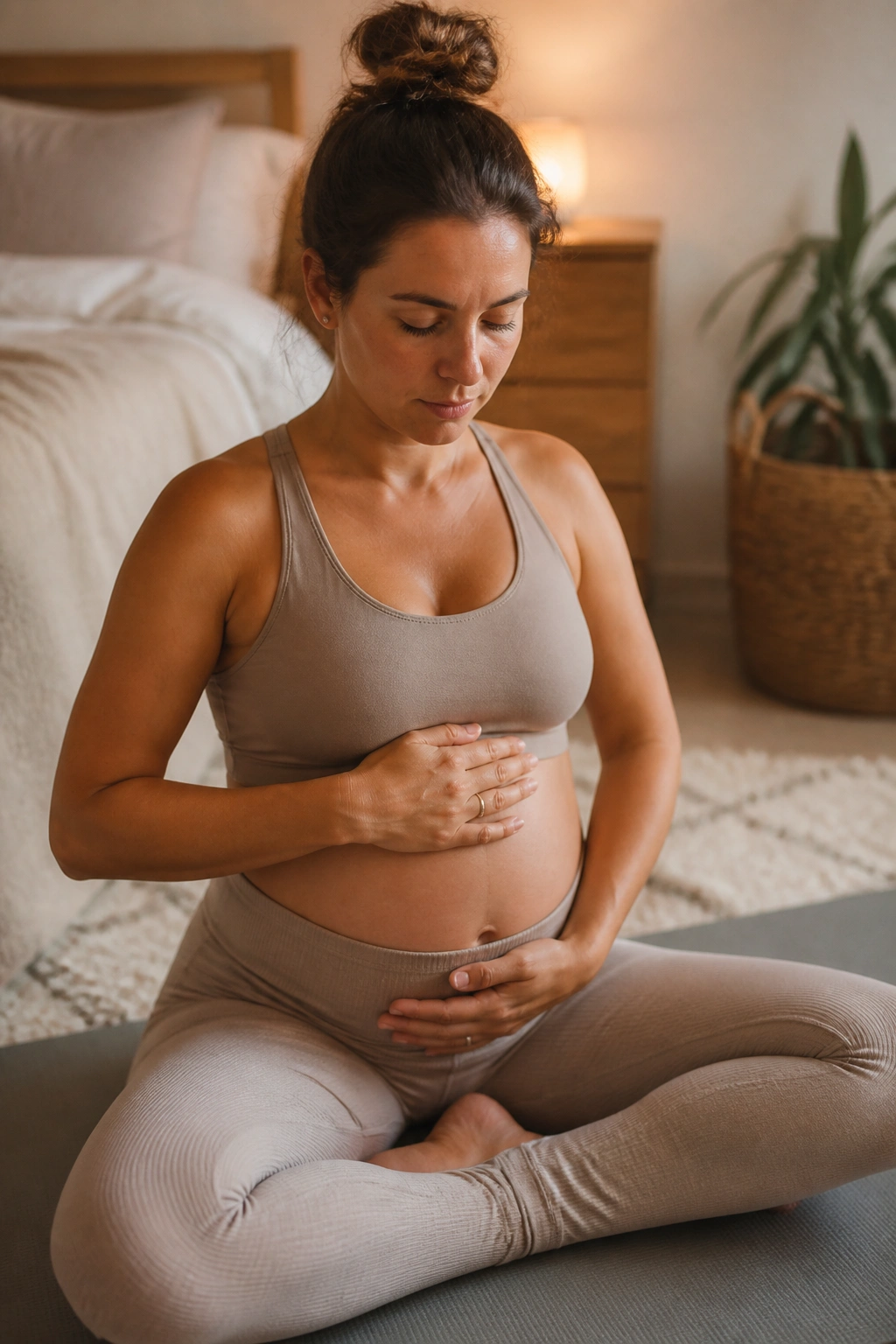 New mother practicing pelvic floor activation and breathing in a calm bedroom