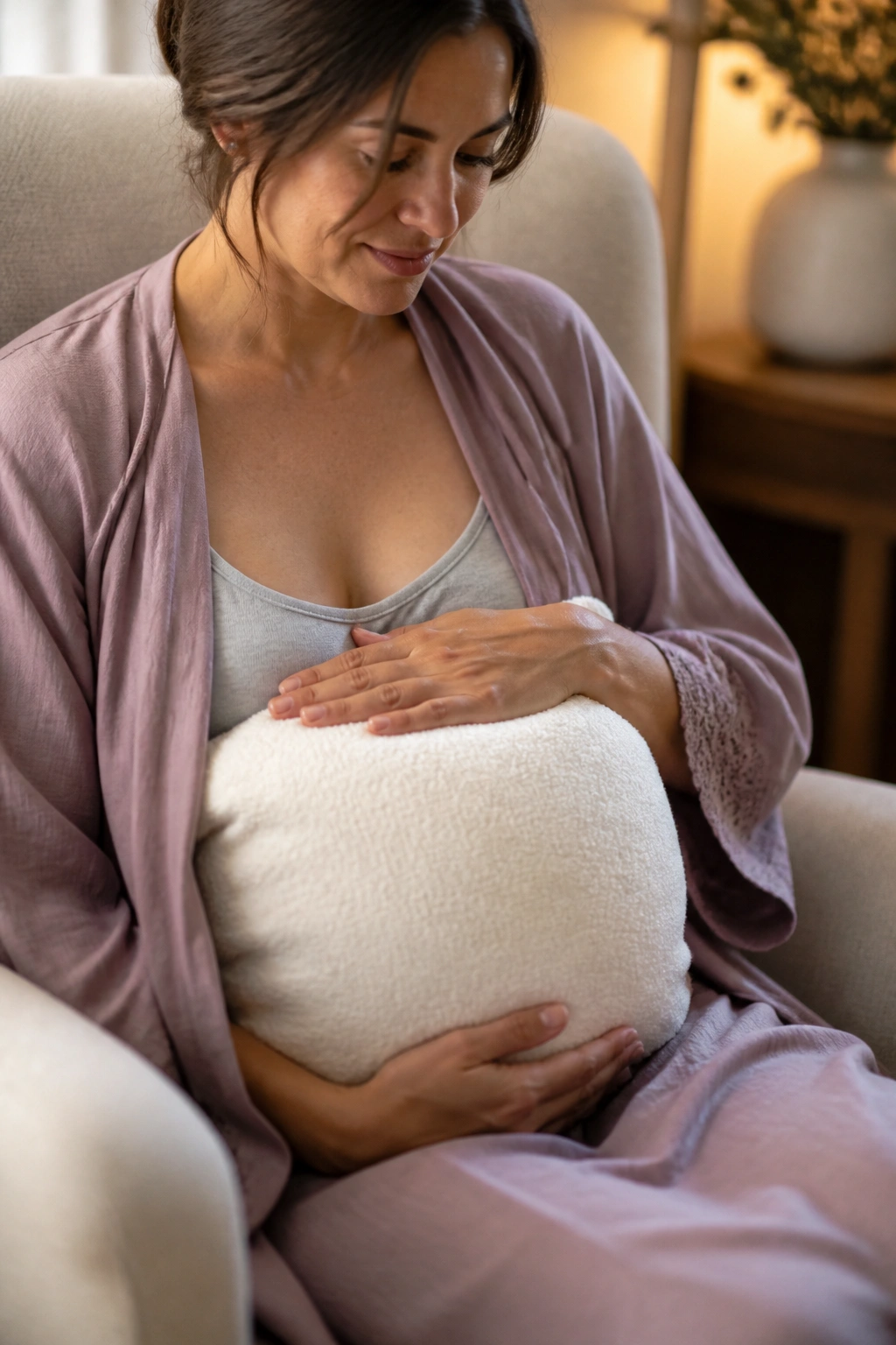 Medium close-up of a person with a pillow supporting the abdomen near an incision in a private space
