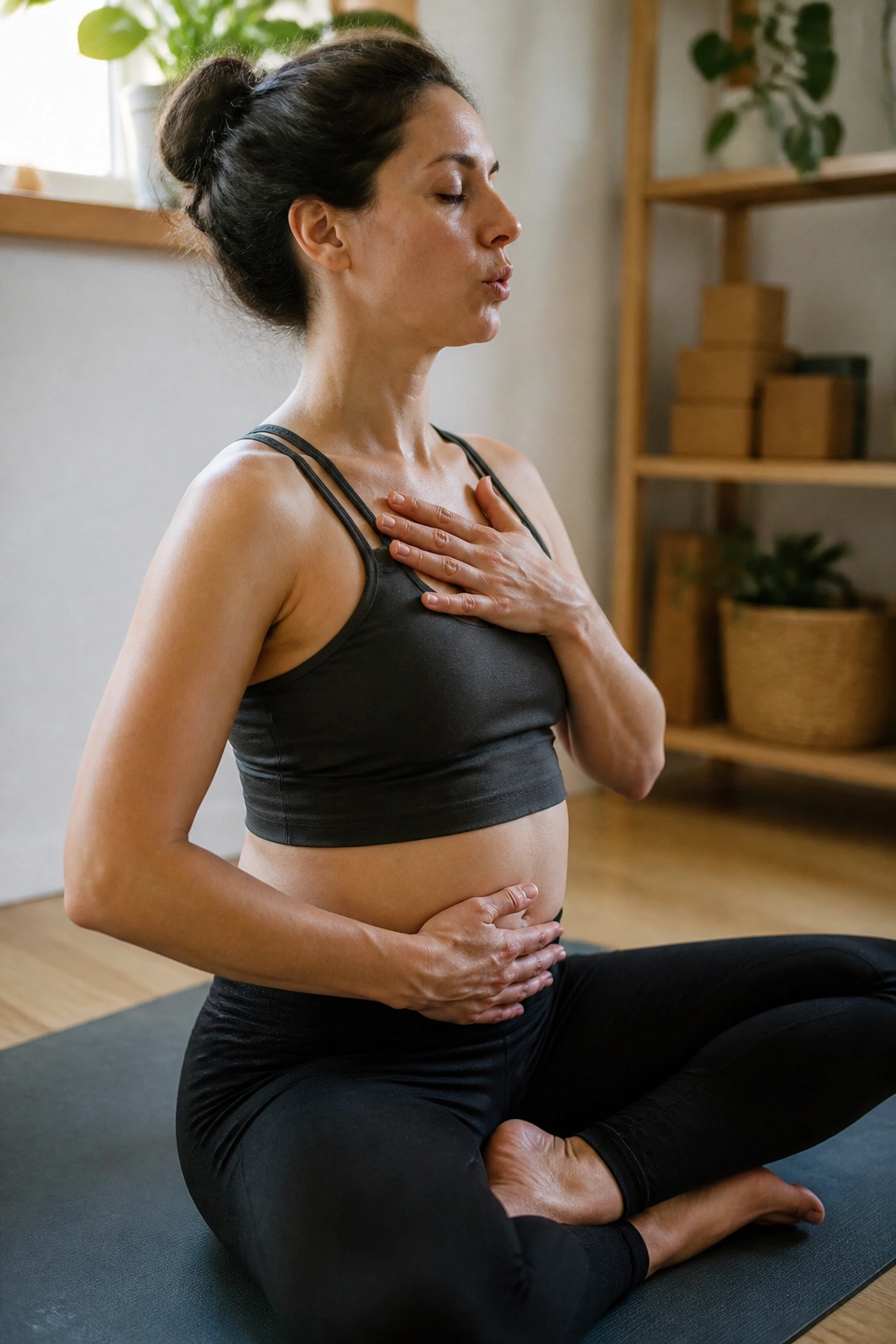 Close-up of a postpartum woman performing pelvic floor activation on a mat