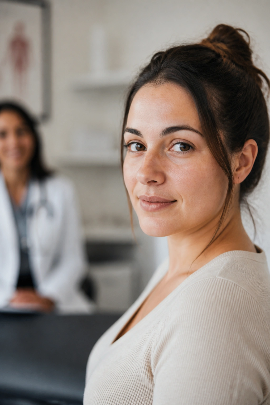 Postpartum woman in clinic during follow-up visit