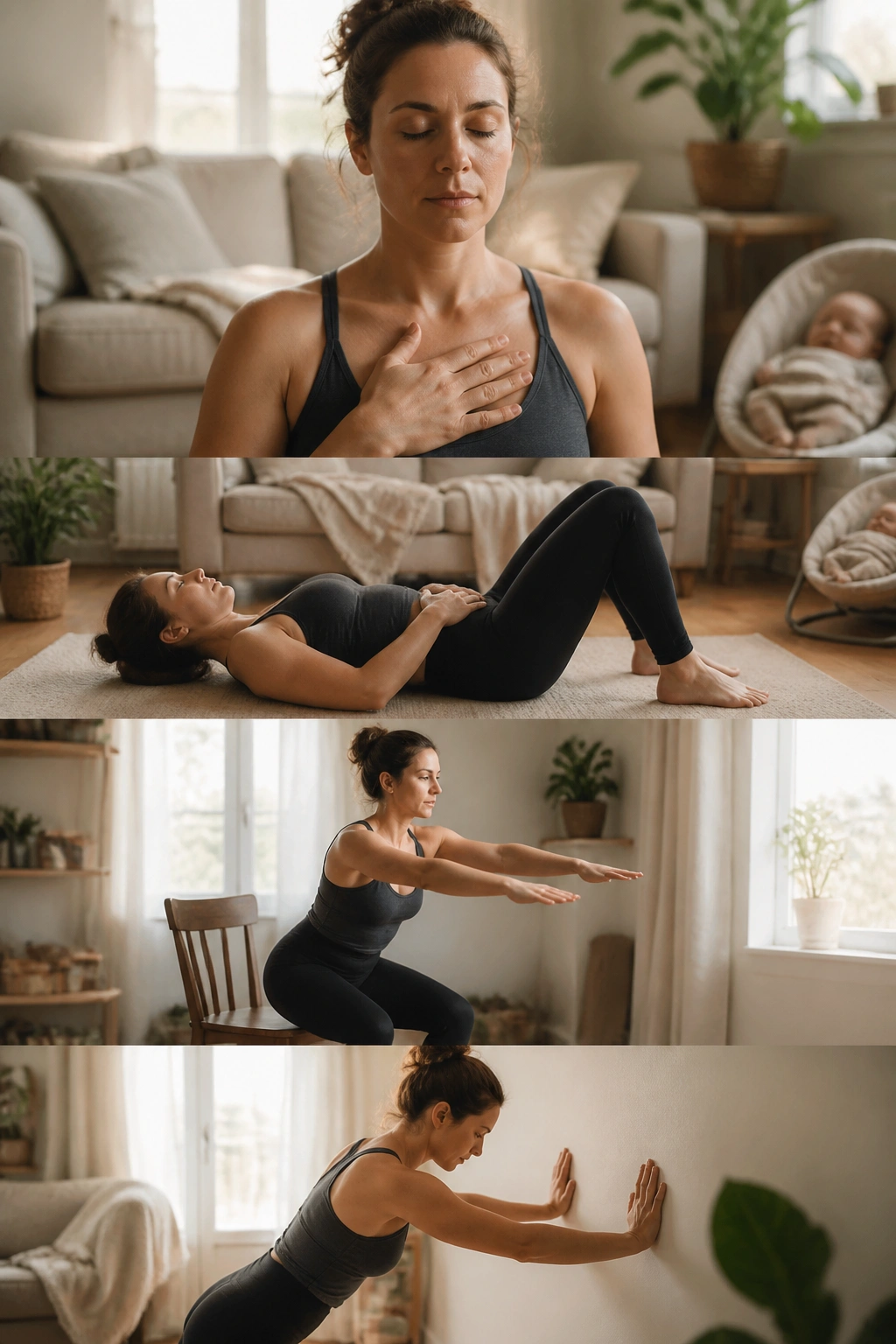 Postpartum woman performing a tiny home routine in a cozy living room, close-up portrait.