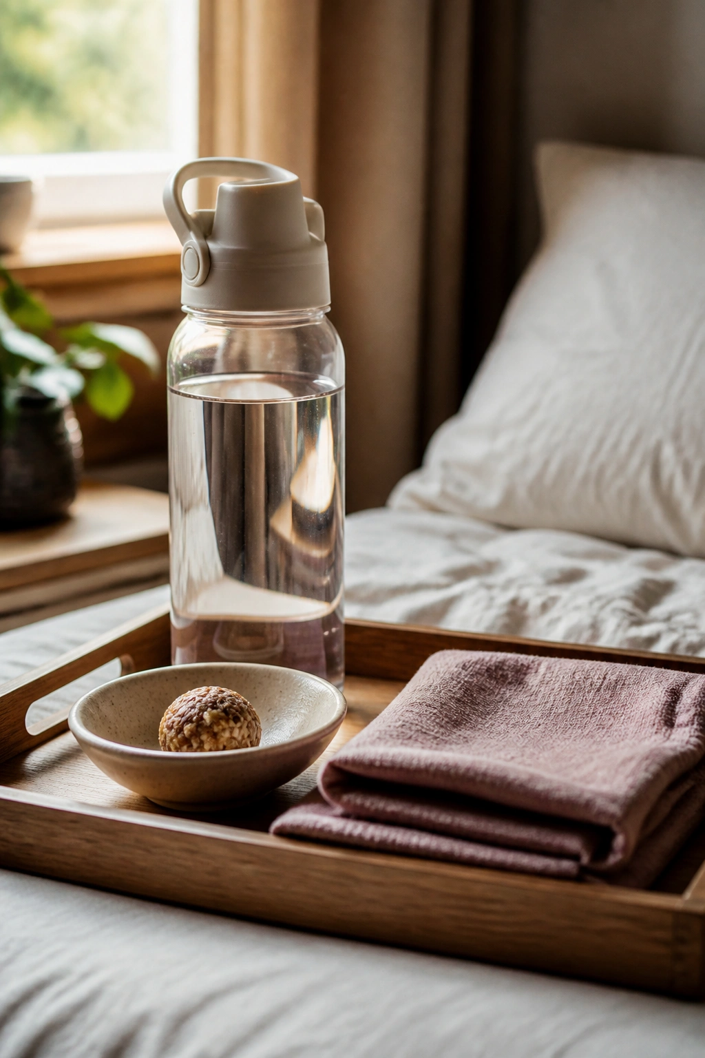 Close-up of a bedside tray with water bottle, protein snack, and resting cloth representing a minimal postpartum routine