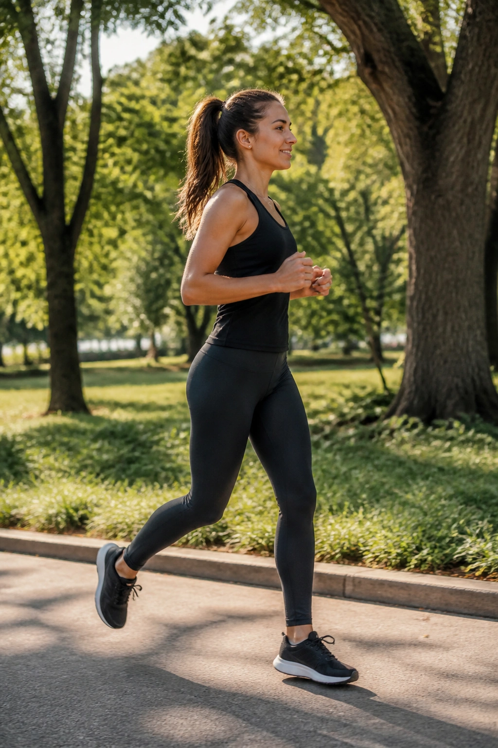 Postpartum mom walking then jogging on park path for run prep