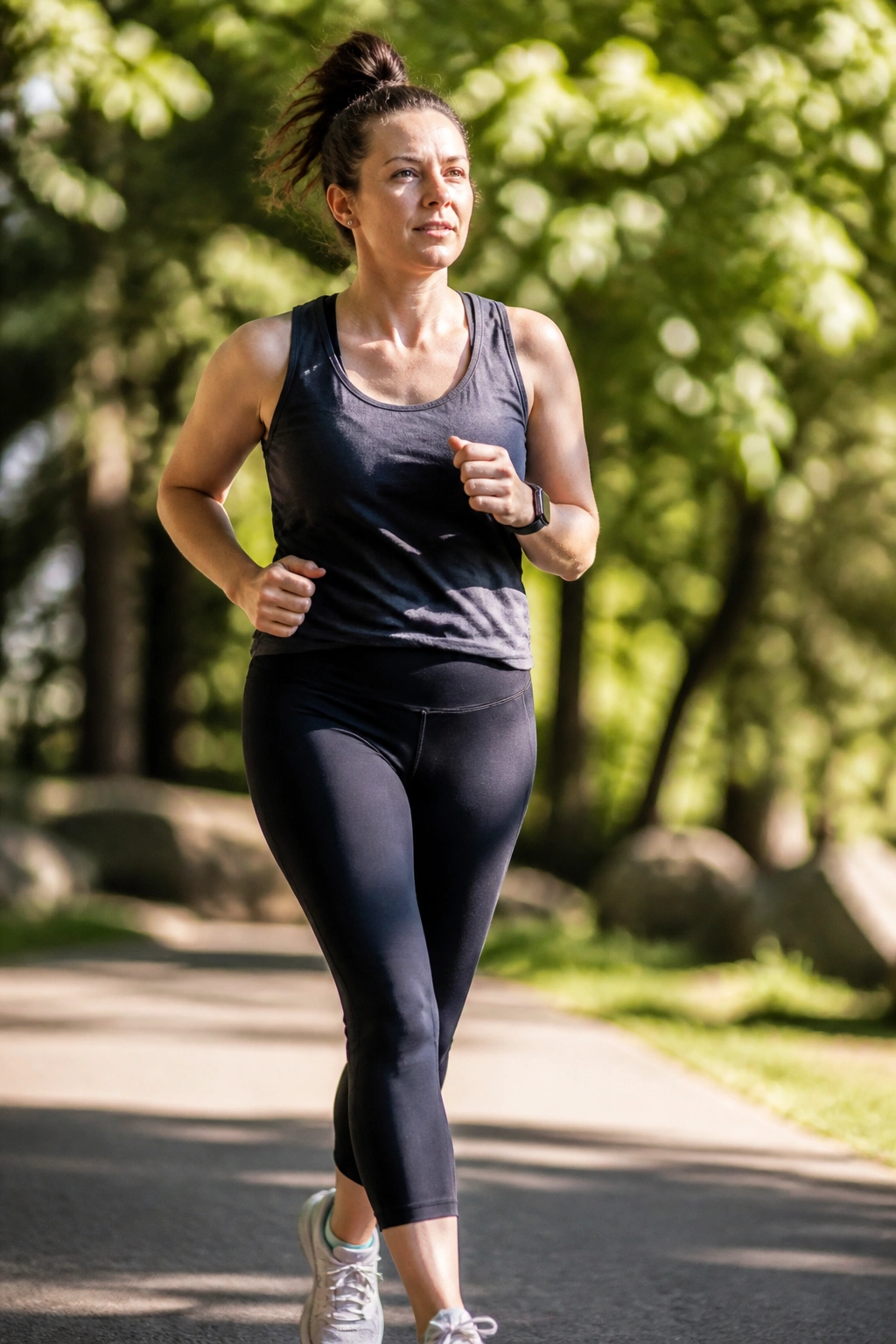 Postpartum mom jogging on park path returning to impact fitness