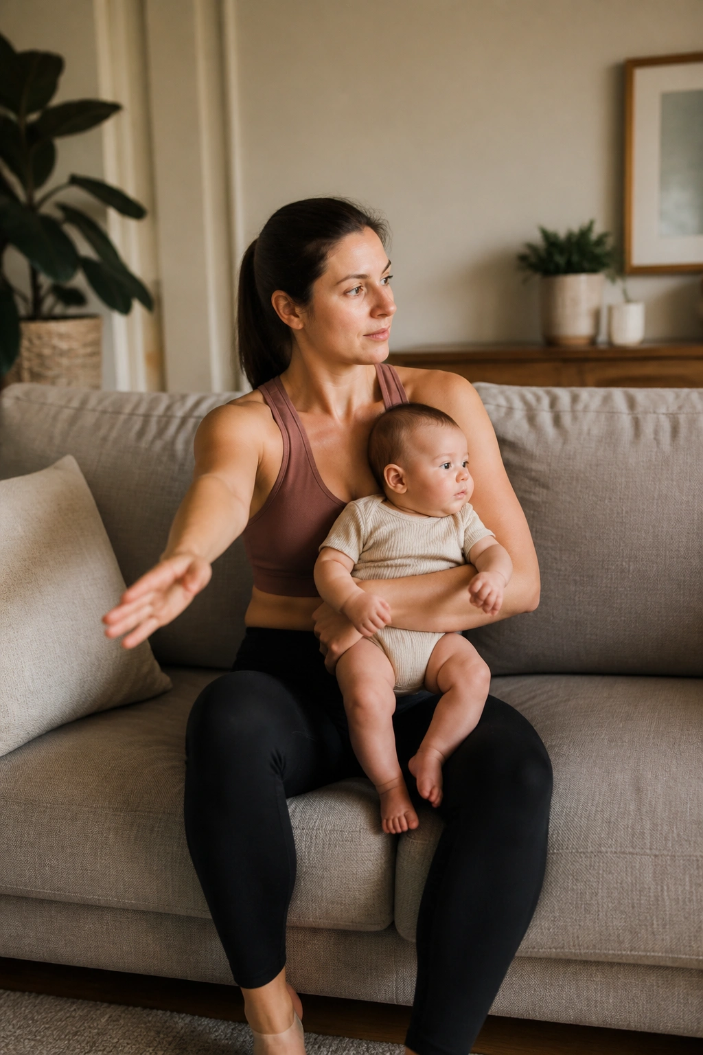 Mom on couch performing seated cross-body reaches with baby on lap.