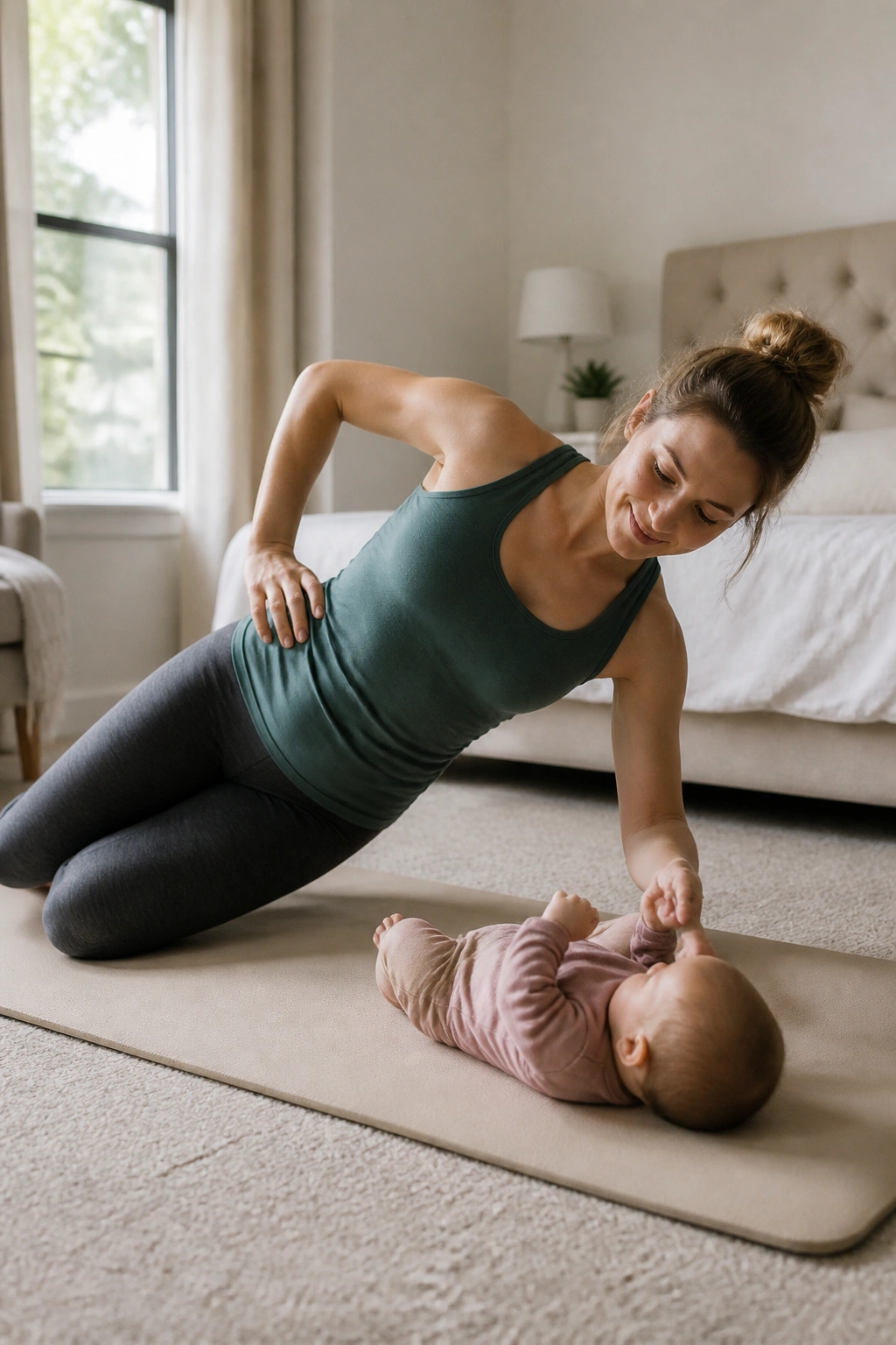 Woman doing side plank on knees with baby nearby in bedroom.