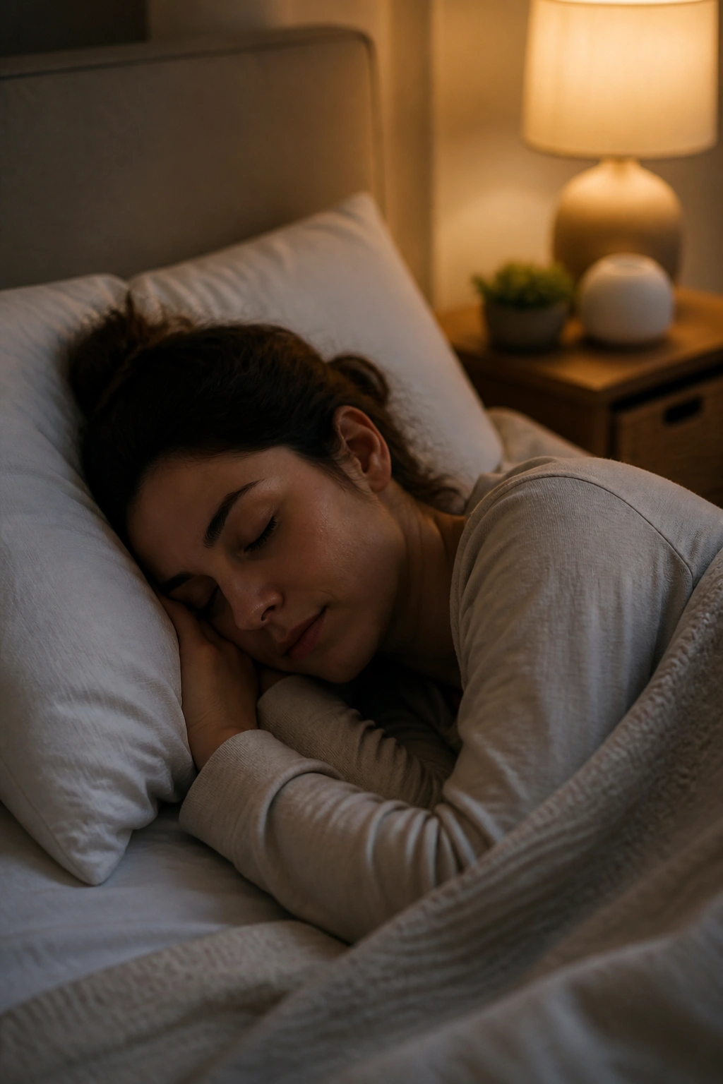 Close view of a parent sleeping peacefully in a softly lit bedroom.