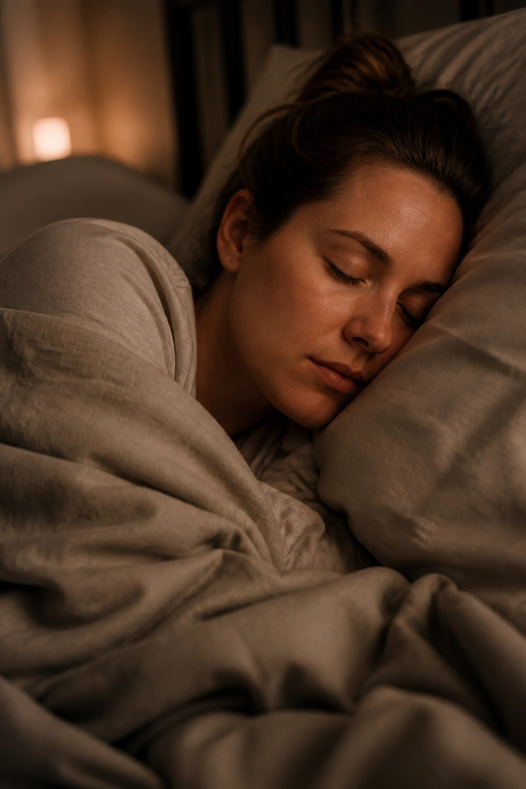 Postpartum mom resting peacefully in bed with soft lighting