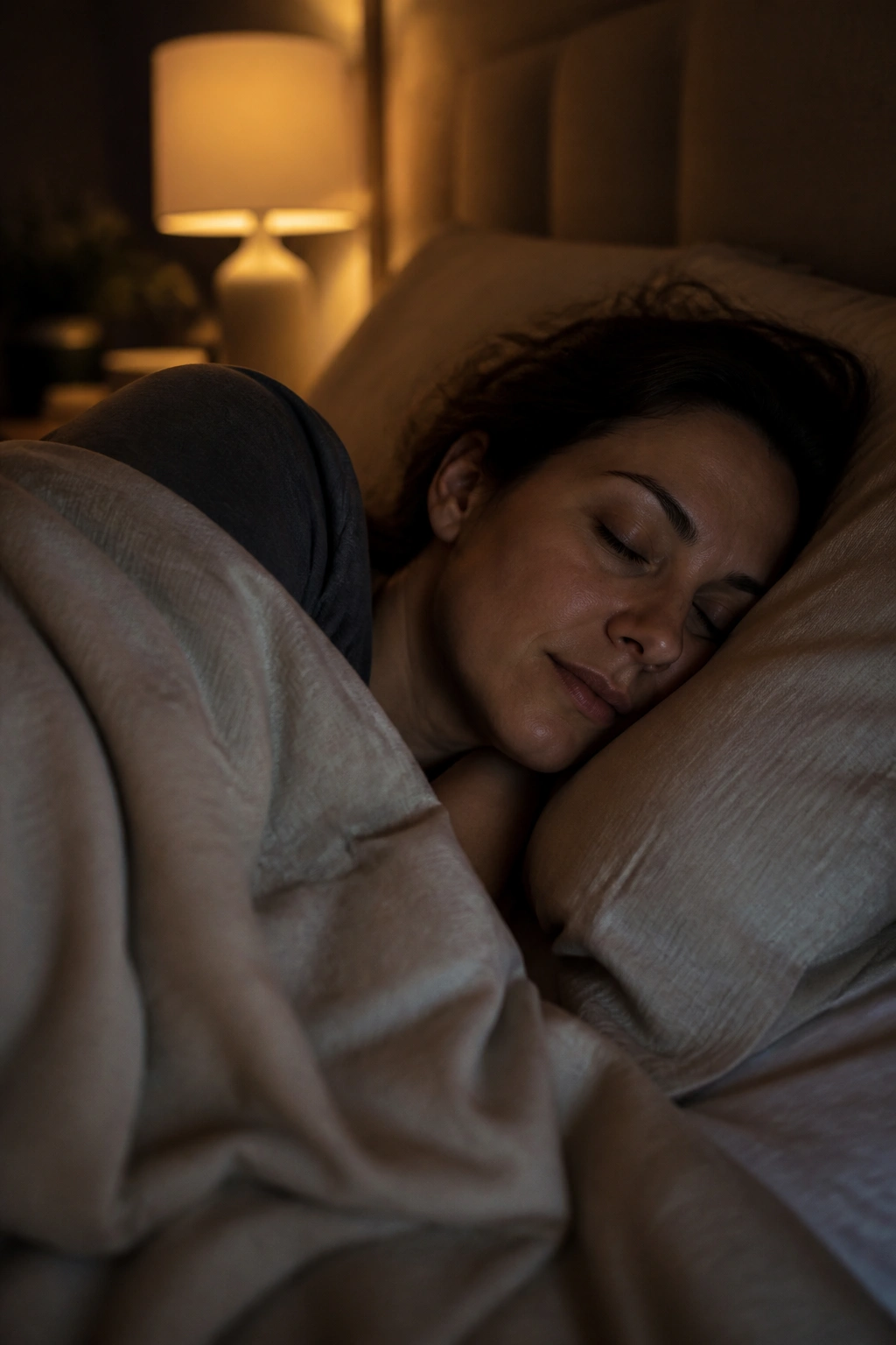Postpartum mother sleeping in a dim bedroom, mood of shift-based rest