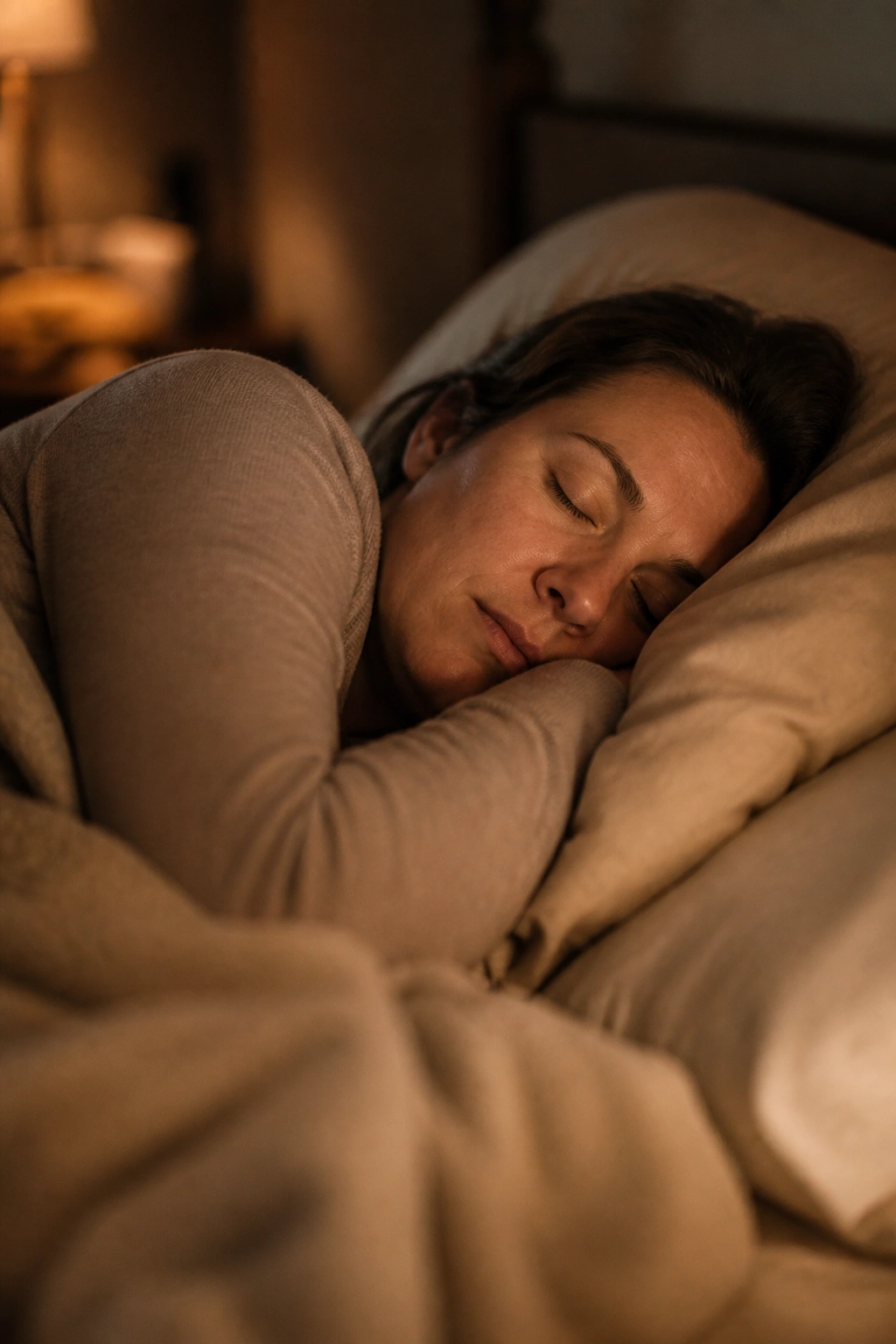 Postpartum mother sleeping in a quiet, dimly lit bedroom