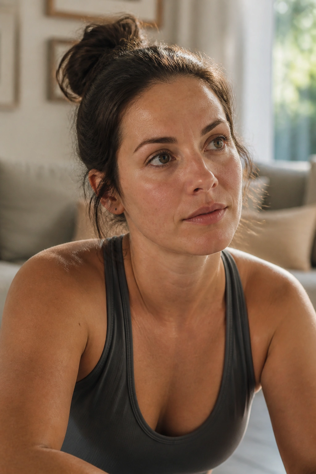 Postpartum woman listening to body signals during activity, pausing when needed