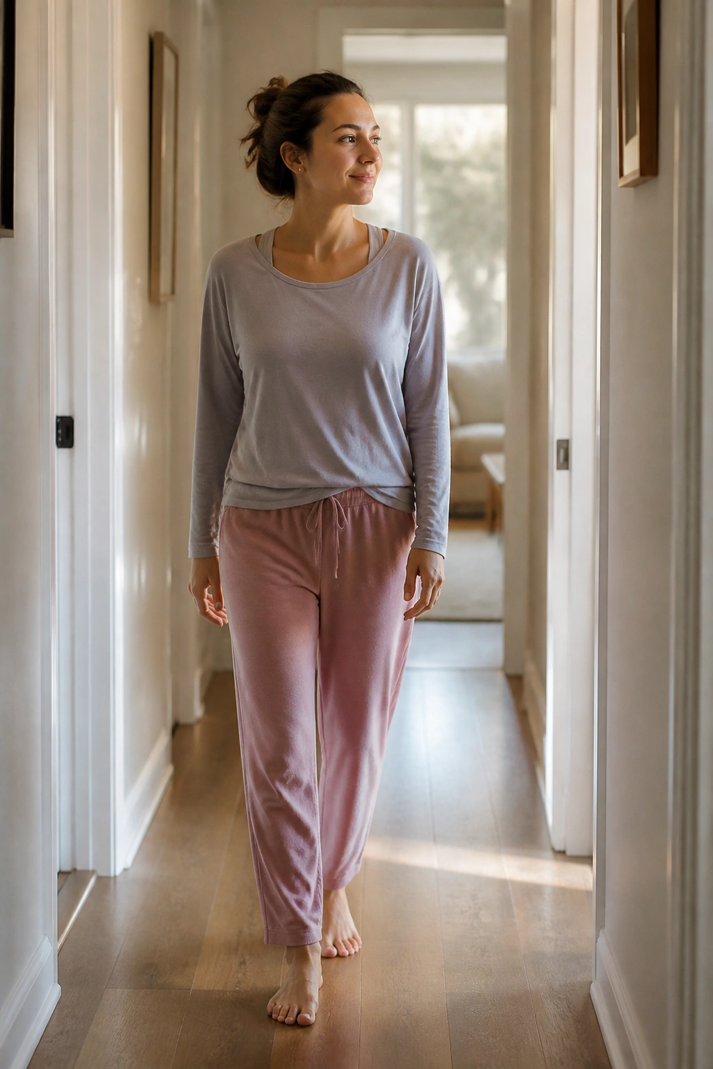 Person walking slowly down a hallway in soft postpartum clothes