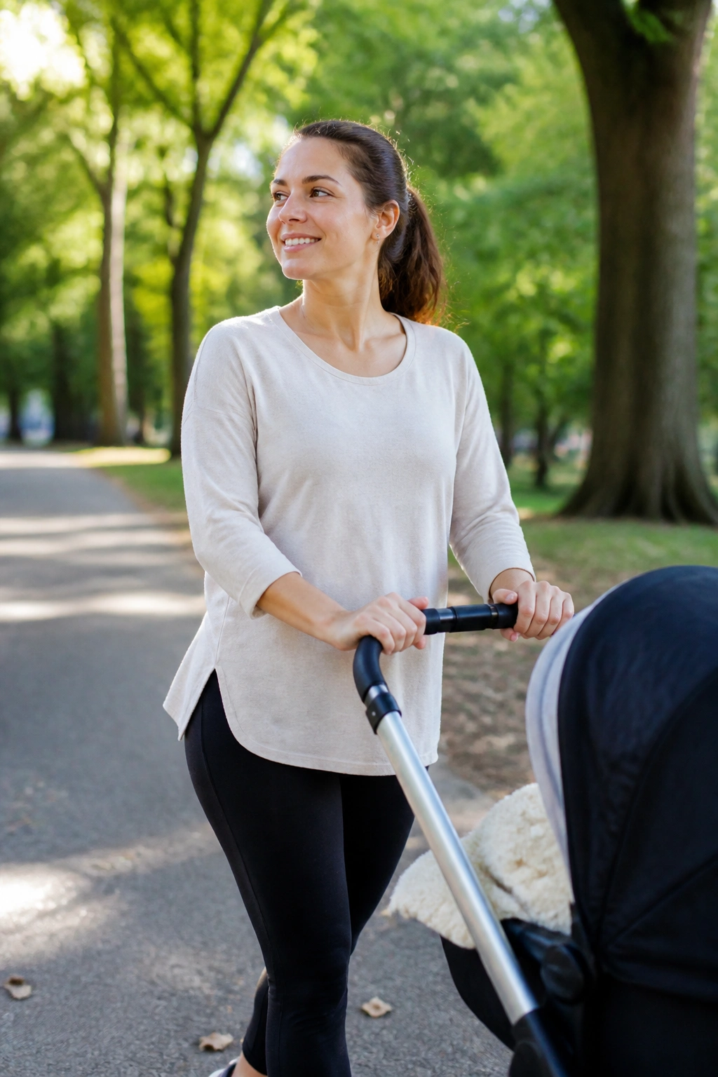 Postpartum mother walking with stroller in a park, progressing with small walks