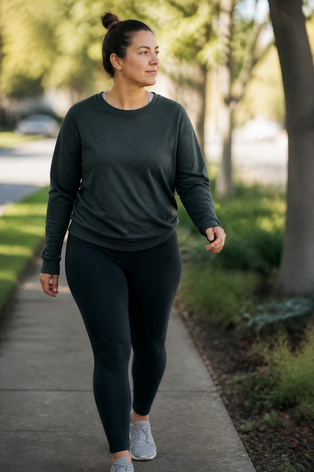 Postpartum person taking a slow walk along a calm sidewalk