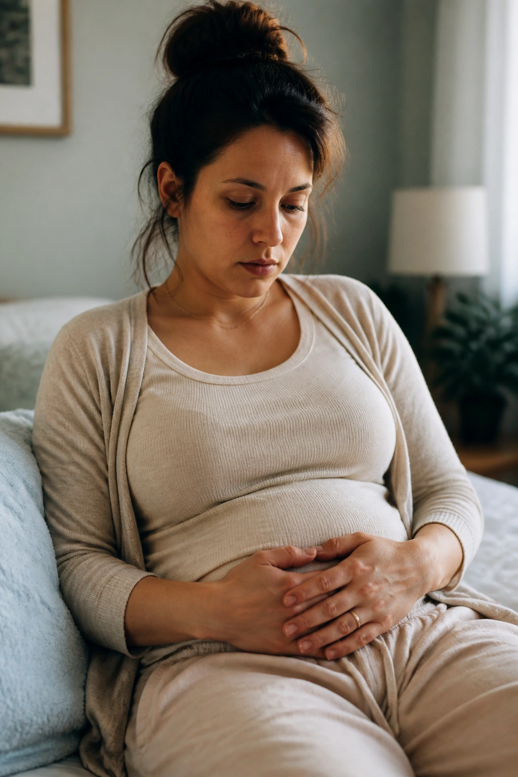 New mother in home setting showing calm awareness of postpartum warning signs