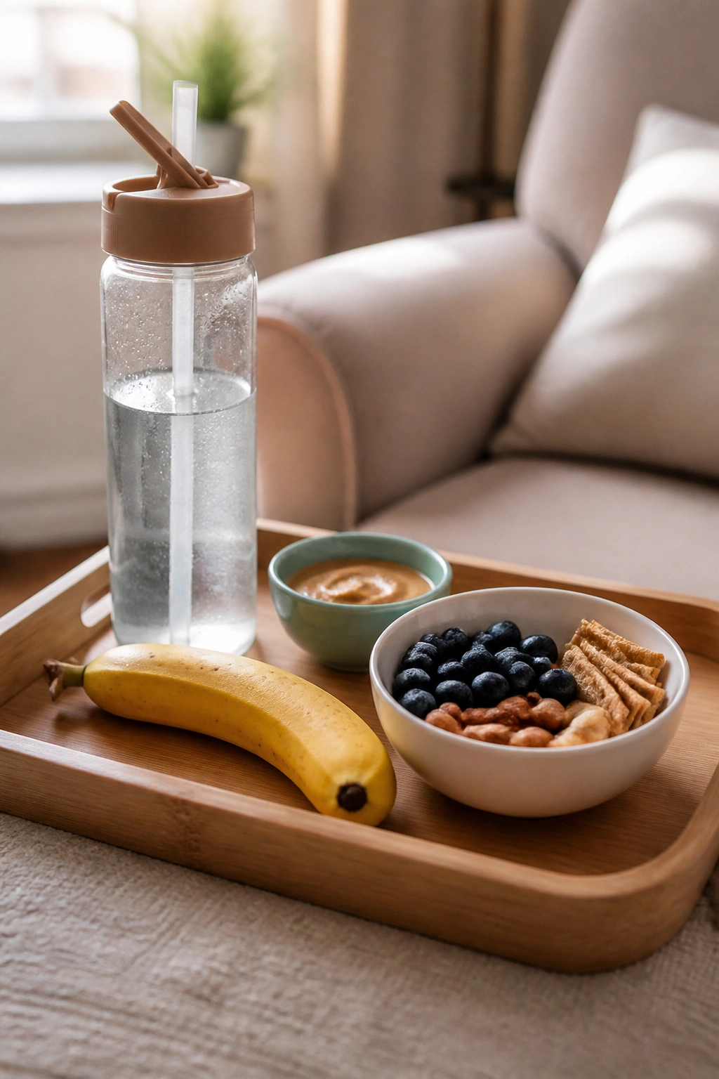 Tray on a chair with a water bottle and snacks ready for one-handed consumption