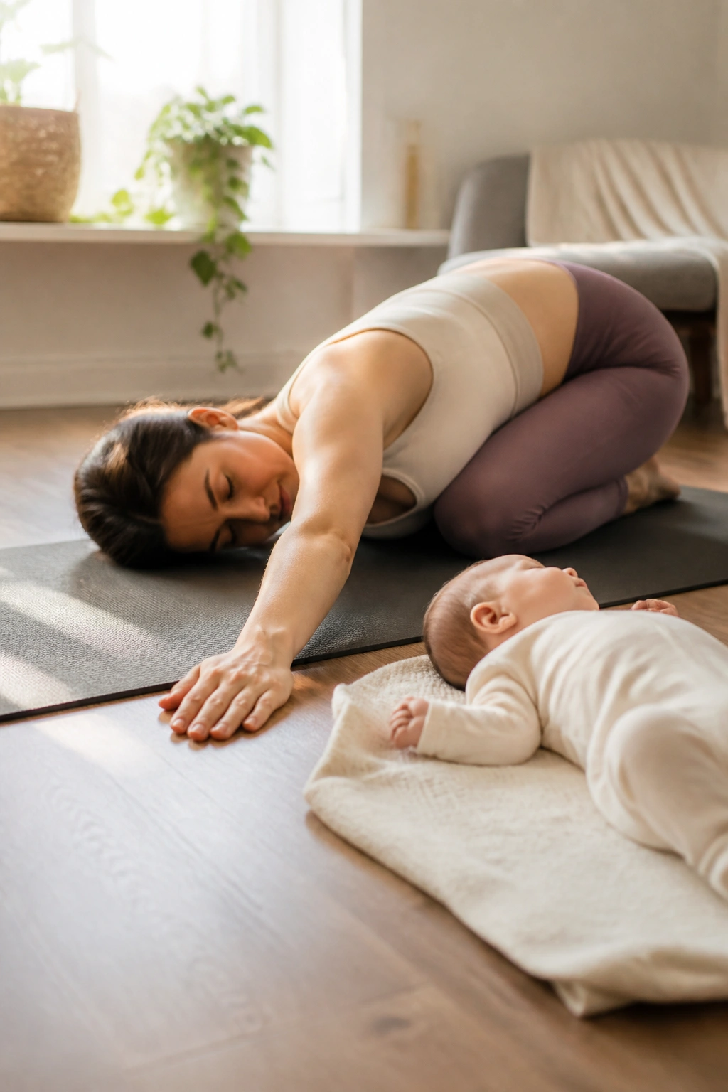 Person practicing baby-friendly yoga flow beside a baby on a mat