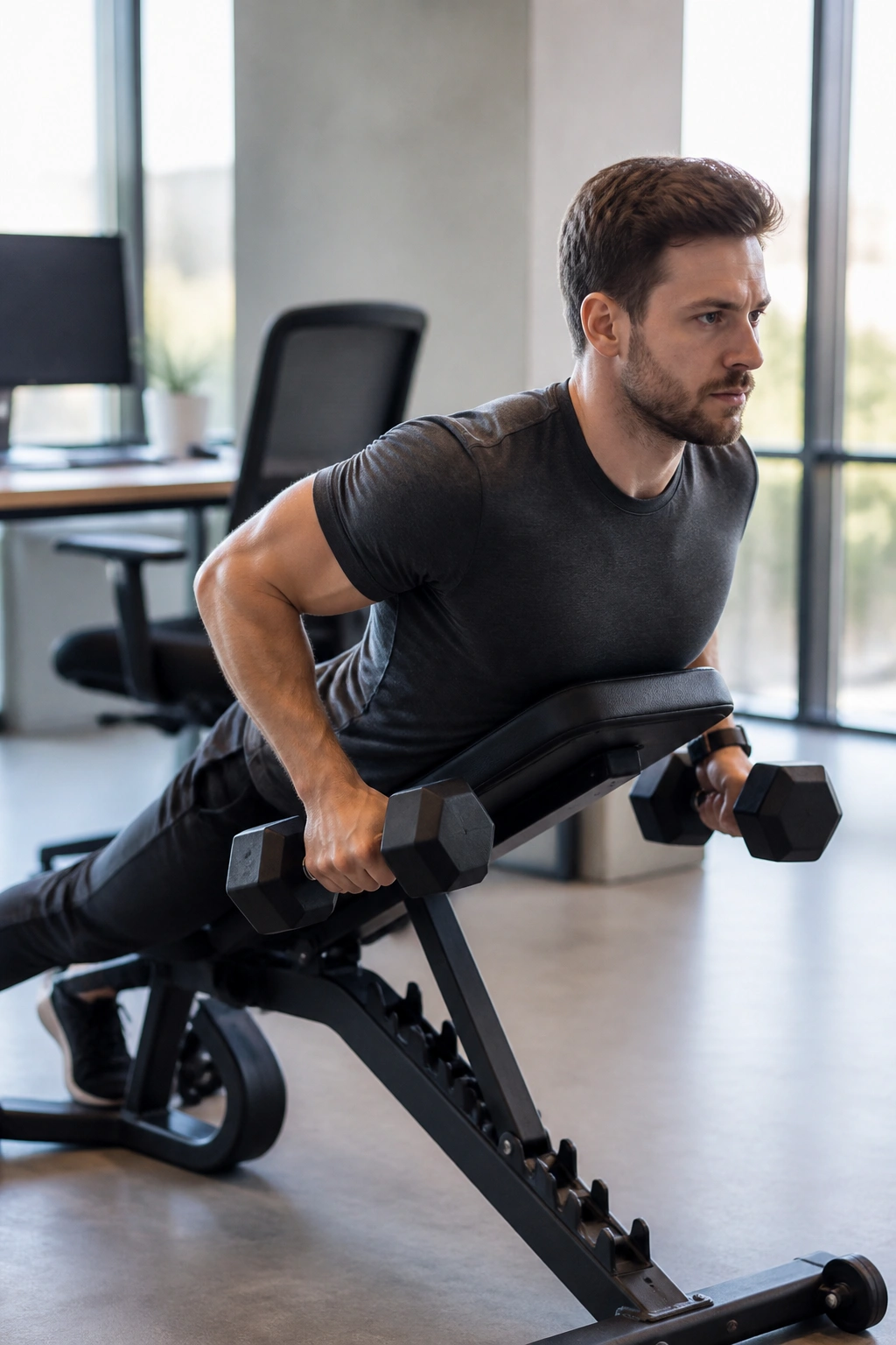 Medium close-up of a person performing a chest-supported row on a bench in an office.