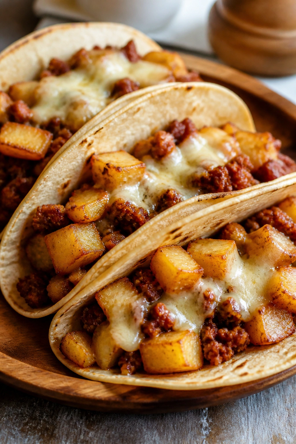 Close-up of crispy potato and chorizo breakfast tacos on plate