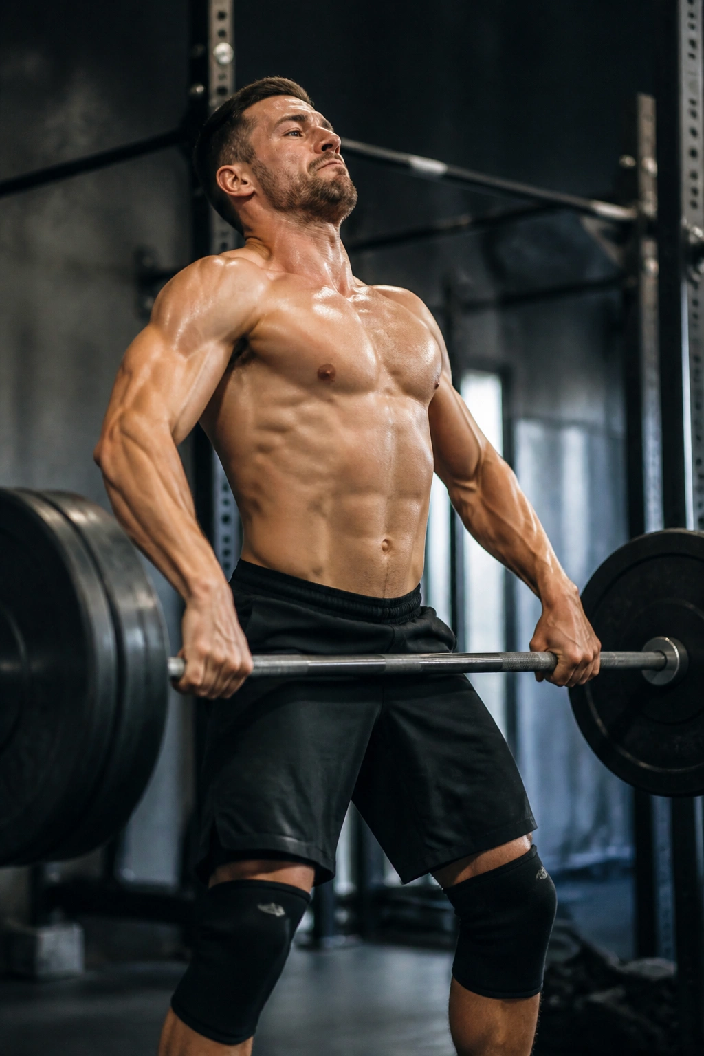 Athlete performing power clean with barbell in a gym