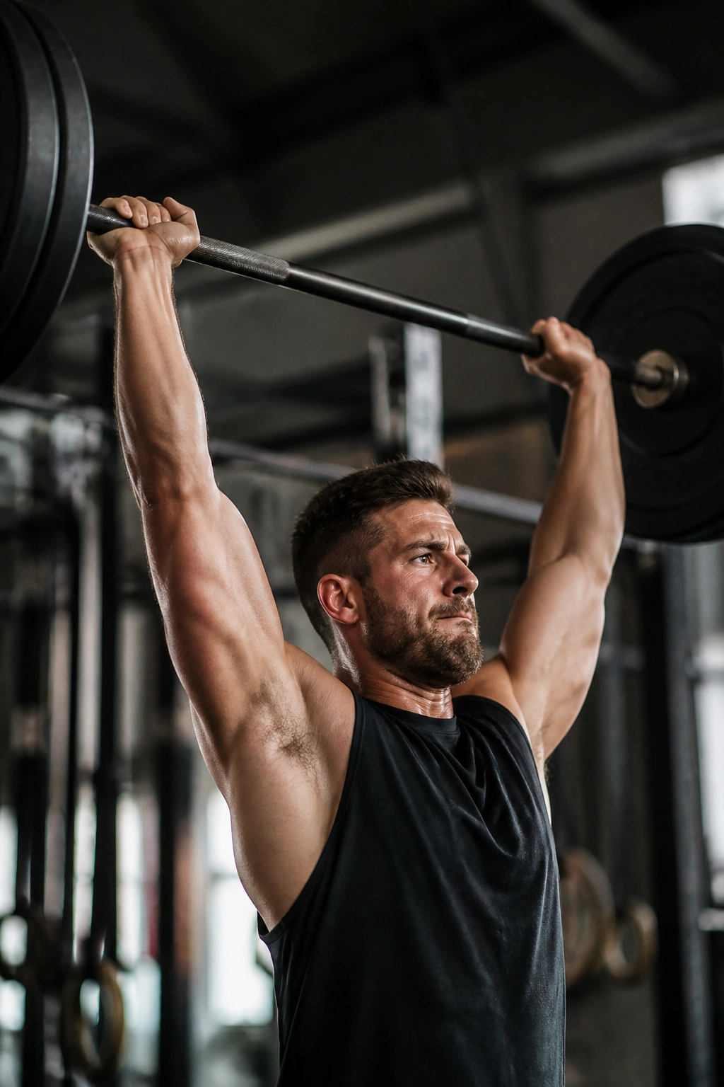 Lifter performing barbell push press showing explosive power