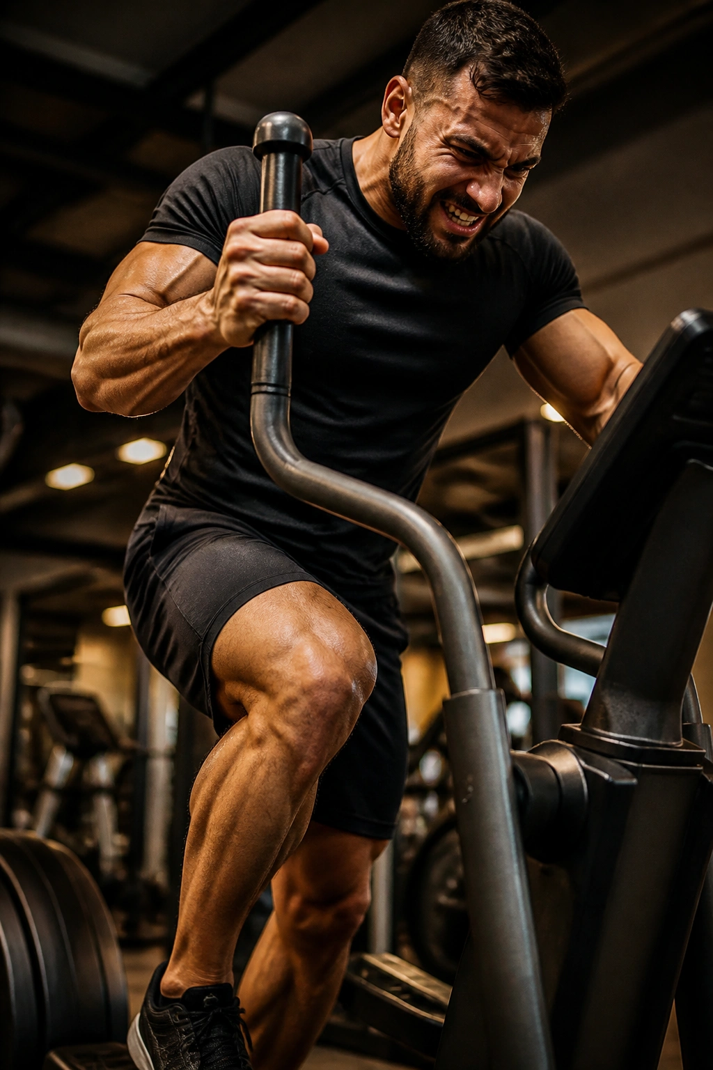 Athlete on elliptical with heavy resistance demonstrating leg power
