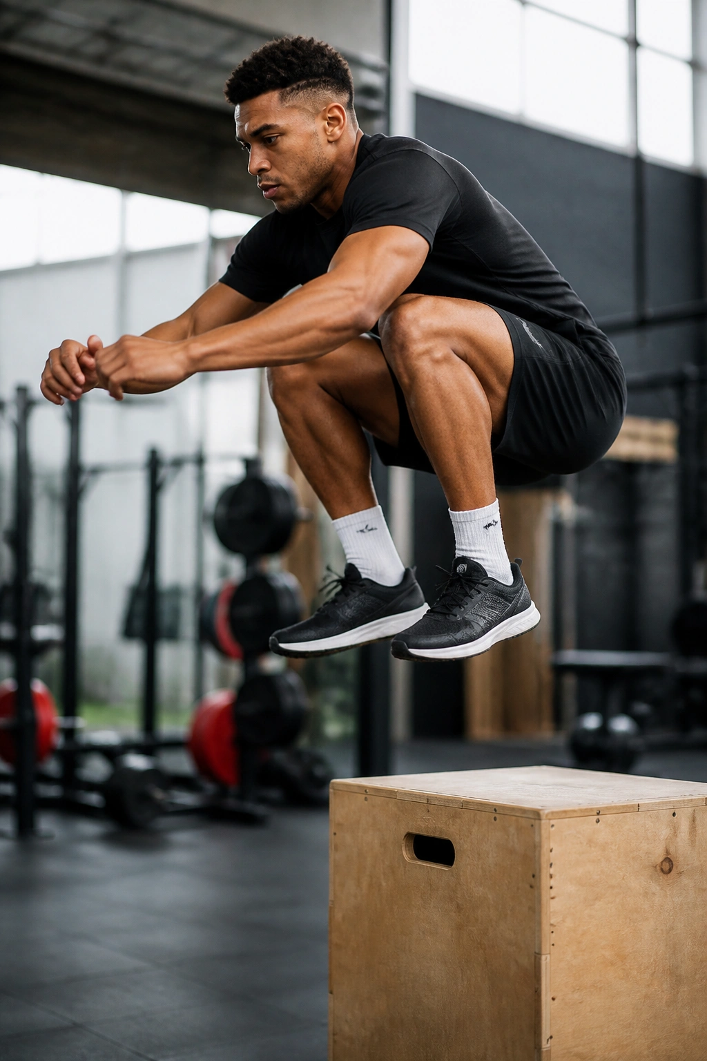 Athlete performing explosive box jump in gym setting.