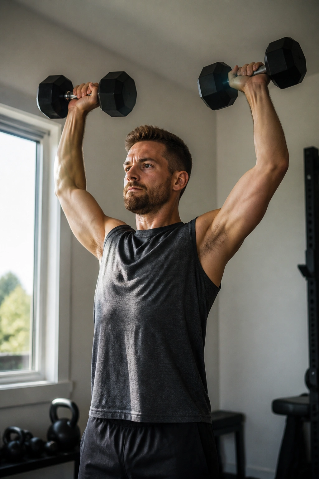 Person performing a dumbbell push press in a home workout space.