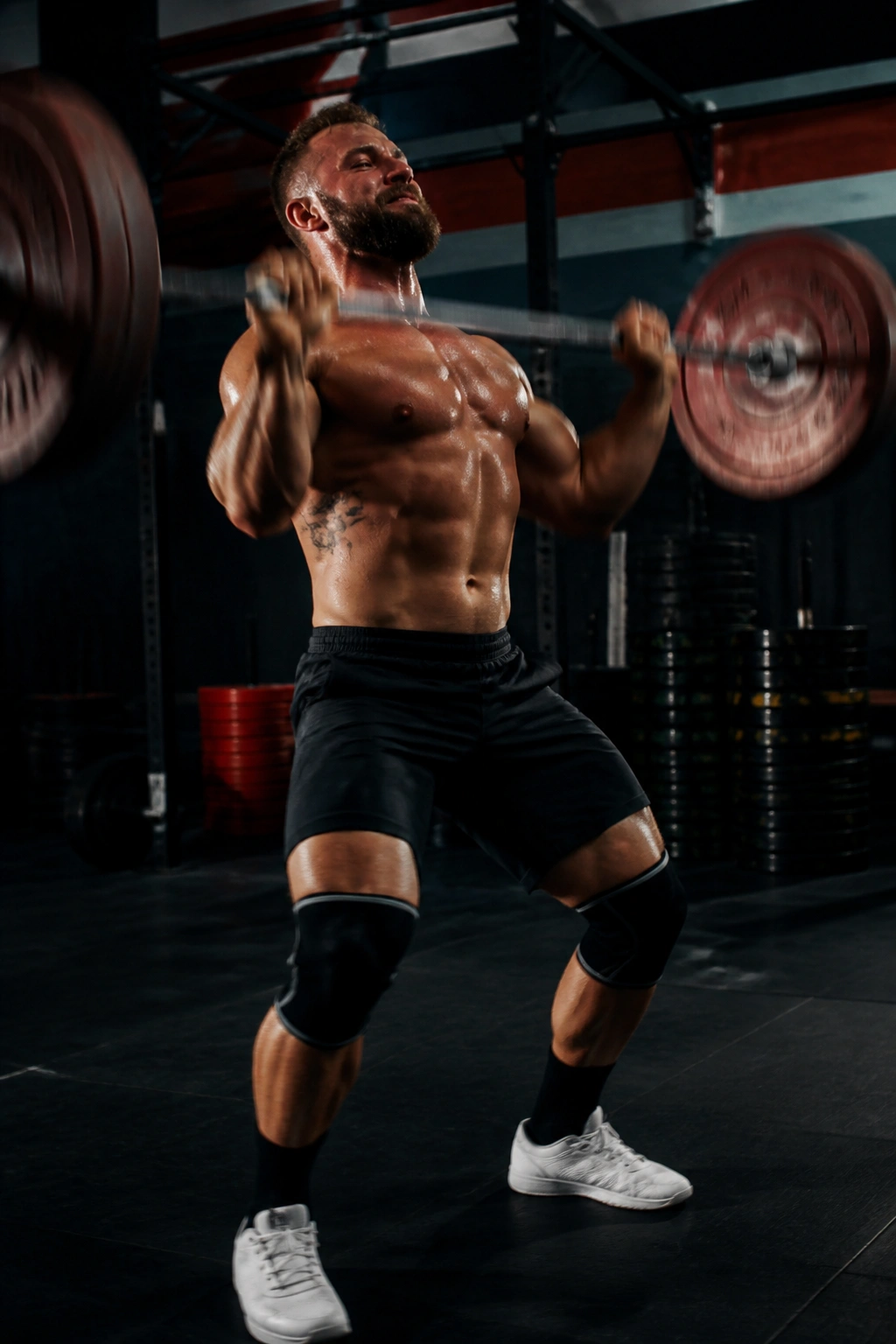 Close-up of athlete performing a barbell thruster in a gym
