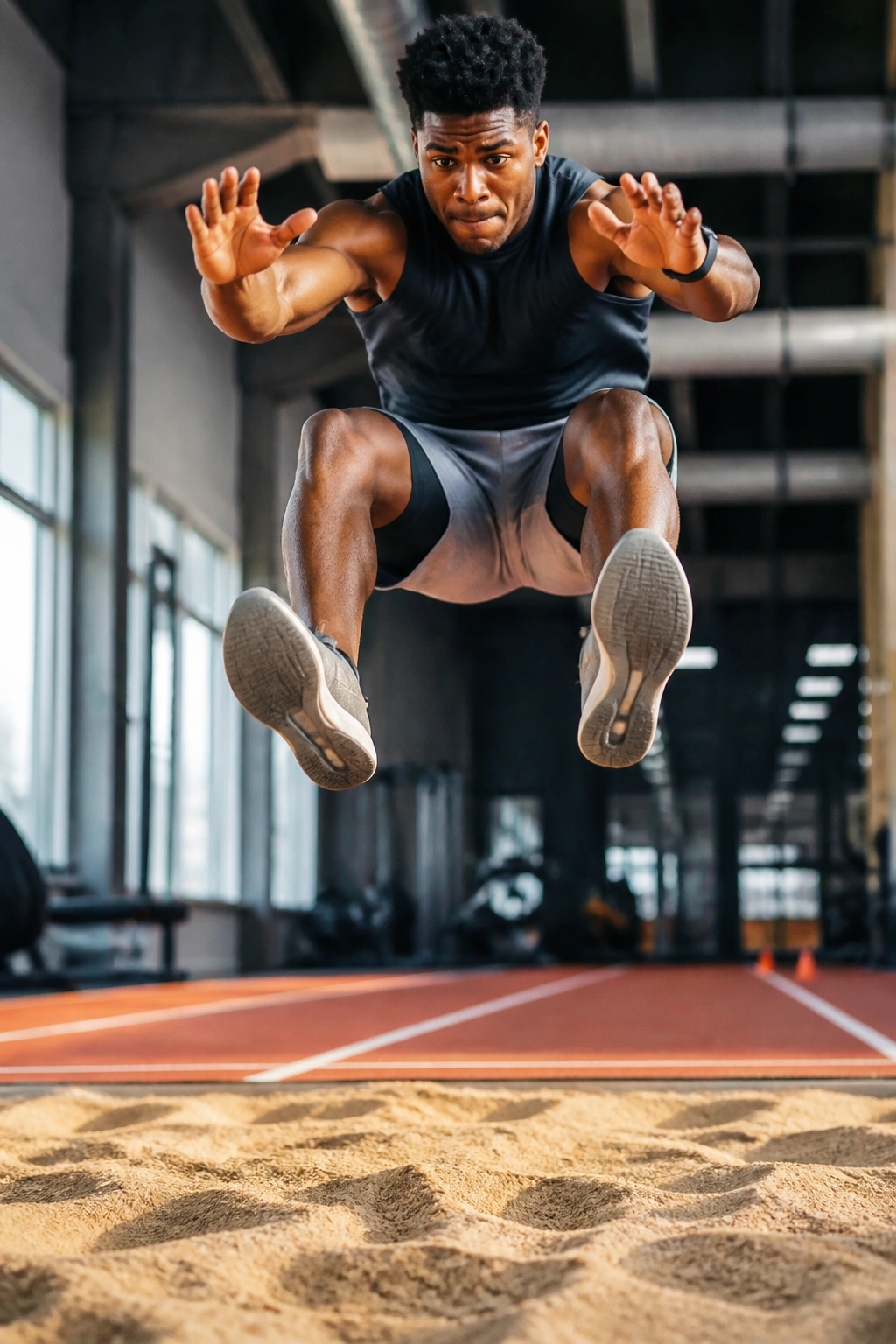Athlete performing a broad jump focused on power training