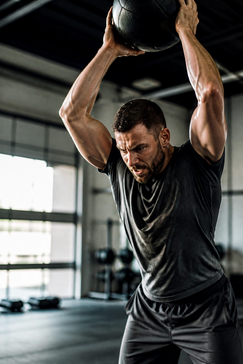 Athlete mid medicine ball slam in gym during power primer