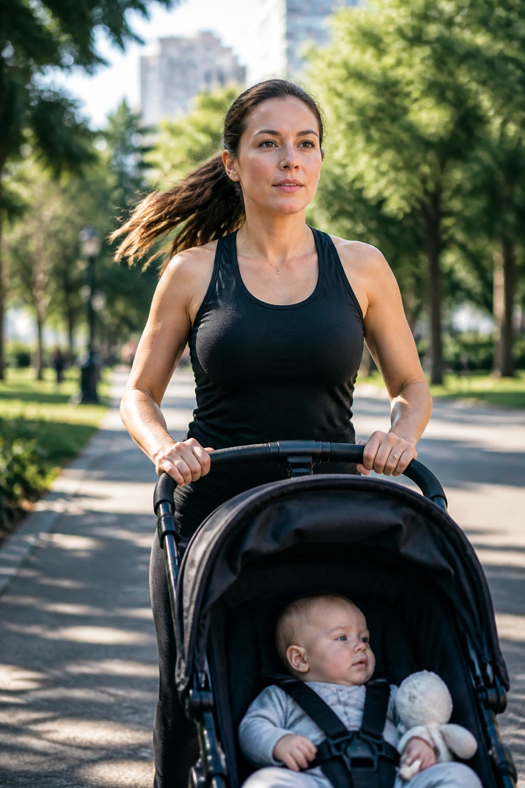 Mom demonstrating varied pace while pushing a stroller on an urban park path.