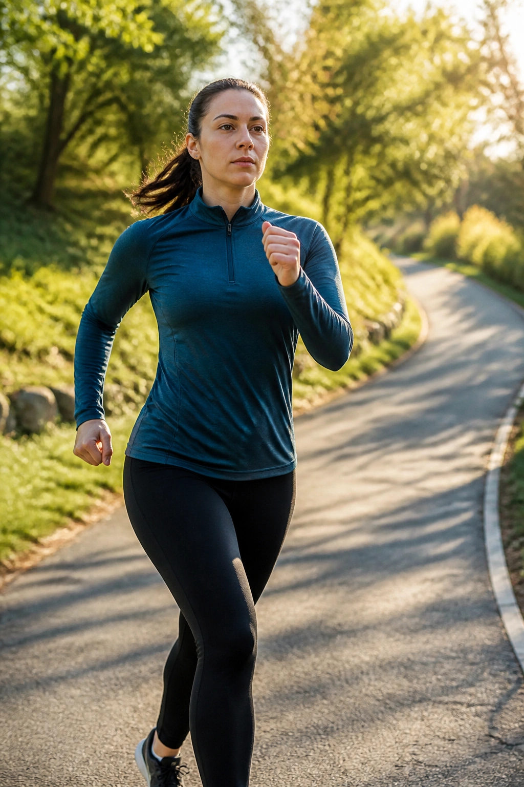 3/4 portrait of person power walking on an uneven park trail with determined look